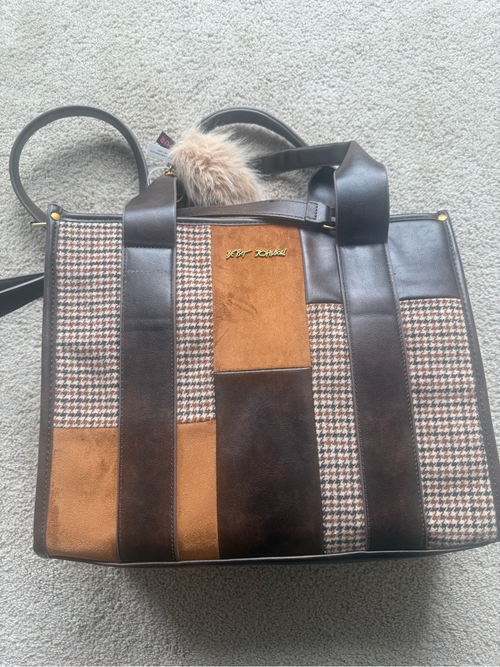 Betsey Johnson Brown, Tan & Houndstooth Patchwork Tote